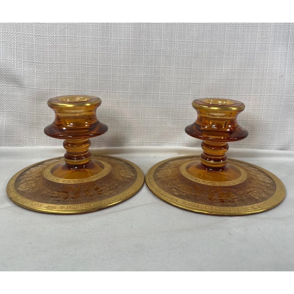 Vintage Amber Glass Candlestick Holders Pair Etched Rose Gold Greek Key 3.5"